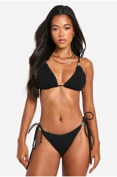 Crinkle Stone Trim Tie Side Bikini Brief - black