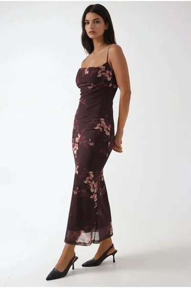 Printed Bodycon Maxi Tulle Dress