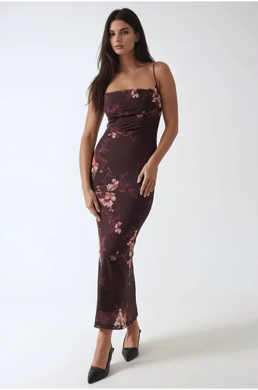 Printed Bodycon Maxi Tulle Dress