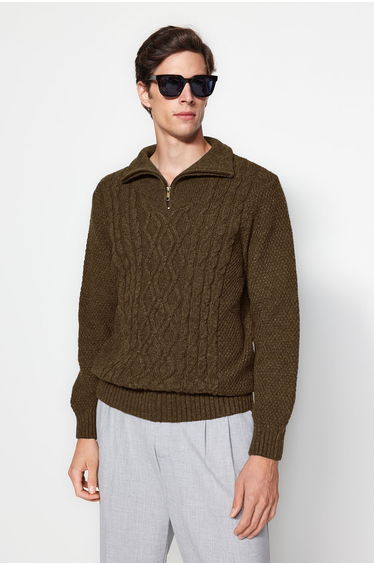 Brown FL Men's Regular Half Turtleneck Hair Knit Sweater