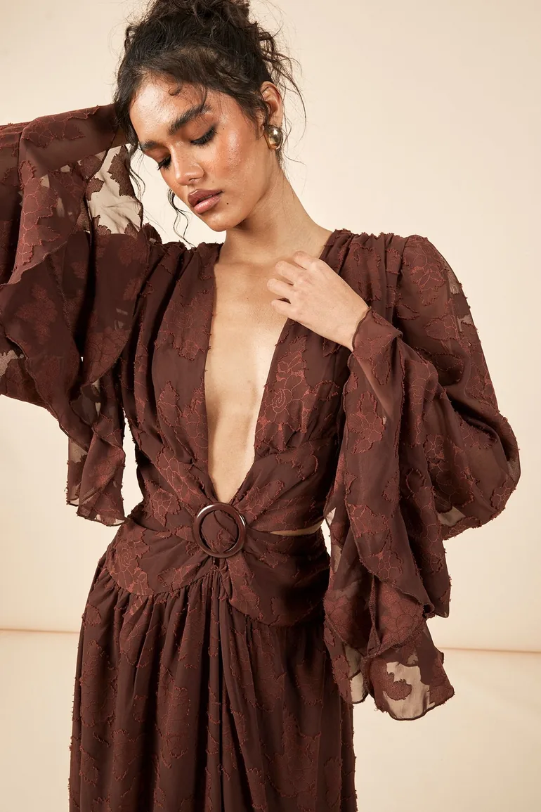 Tonal Burnout Plunge Front Maxi Dress - chocolate - 3