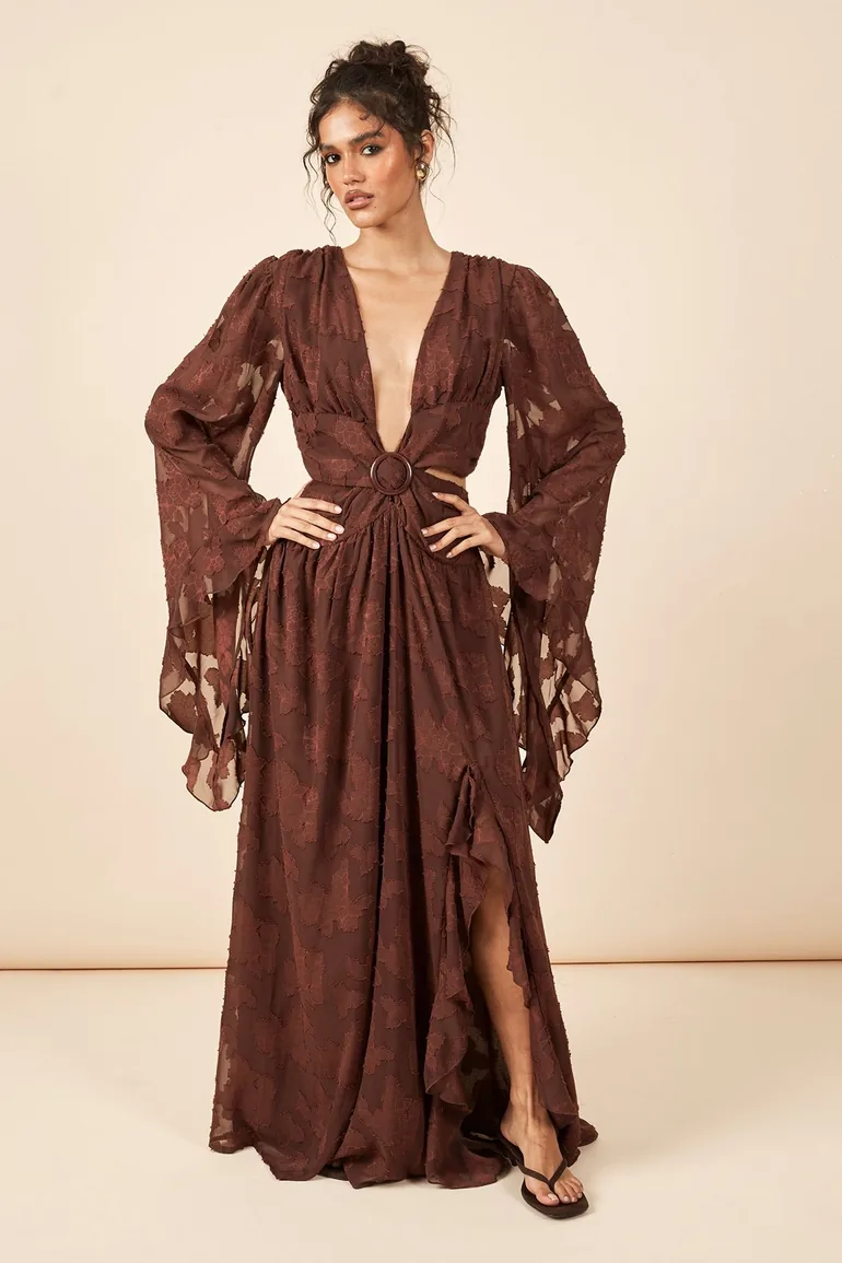 Tonal Burnout Plunge Front Maxi Dress - chocolate - 2