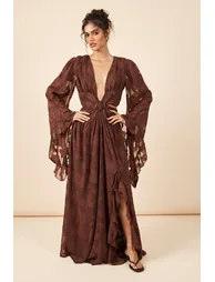 Tonal Burnout Plunge Front Maxi Dress - chocolate - 2