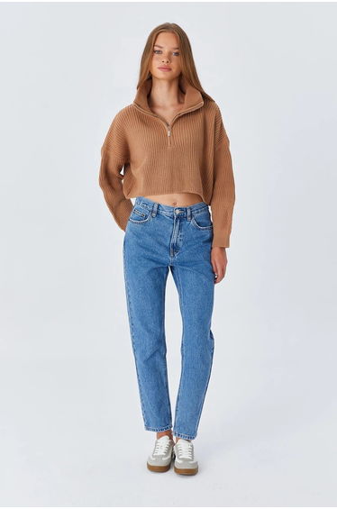 Mixray Textured Long Sleeve Zipped Collar Sweater