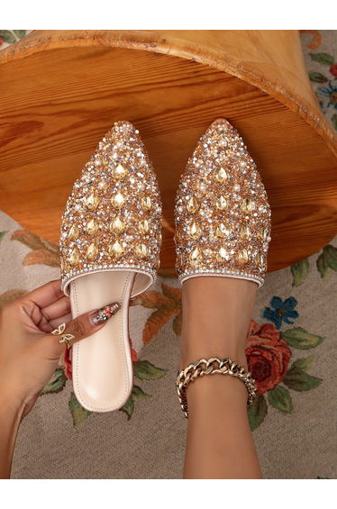 Embellished Pointed Toe Slip On Flat Sandals