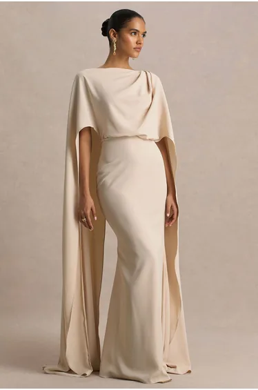 Pristina | Sand High-Neck Woven Maxi Dress With Cape Detail