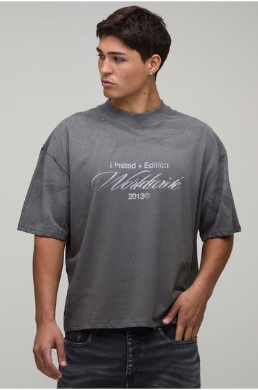 Charcoal Oversized Boxy Spray Wash Print T-Shirt - charcoal