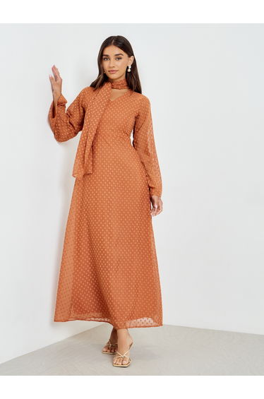 Women Rust Long sleeves Maxi with Neck Scarf