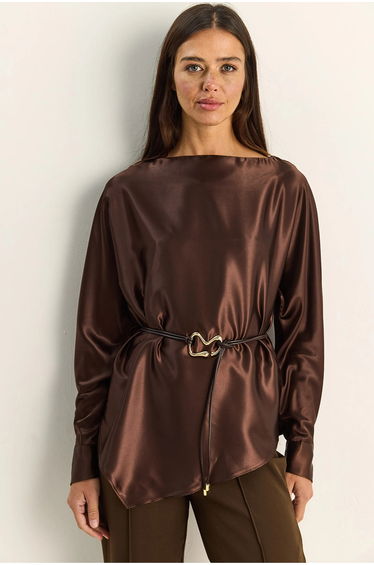LUCCI Belted Satin Boat Neck Blouse