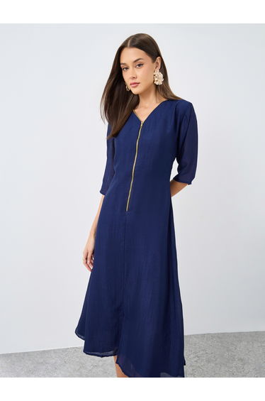 V Neck Midi Dress with Zip Closure
