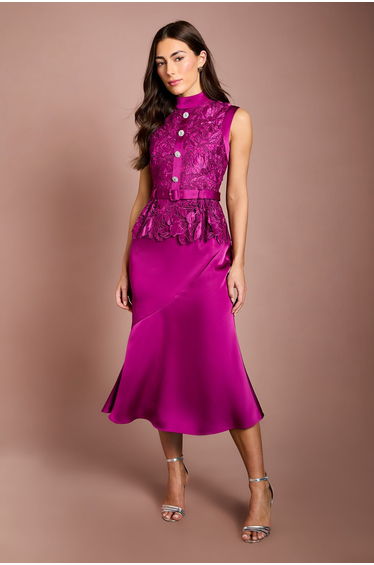Sleeveless Lace Bodice With Satin Skirt Midi Dress