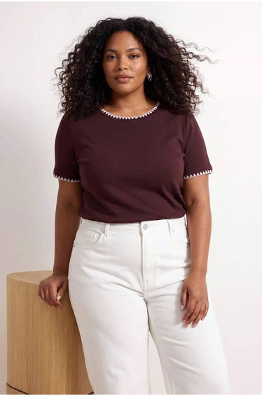 Brown 100% Cotton Contrast Stitching Detailed Crew Neck Knitted Oversize T-Shirt