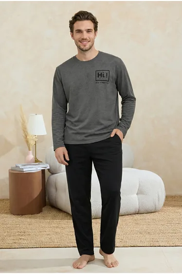 Anthracite Regular Fit Printed Knitted Pajama Set