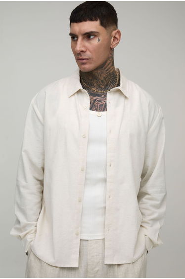 Tall Oversized Long Sleeve Linen Blend Shirt - natural