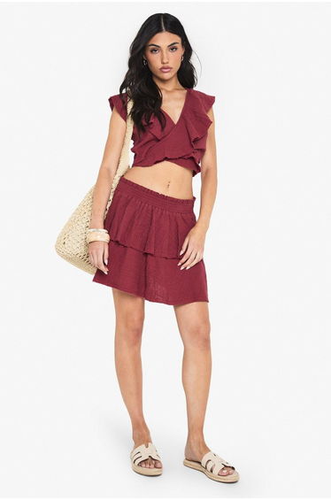 Cheesecloth Ruffle Wrap Crop Top - red