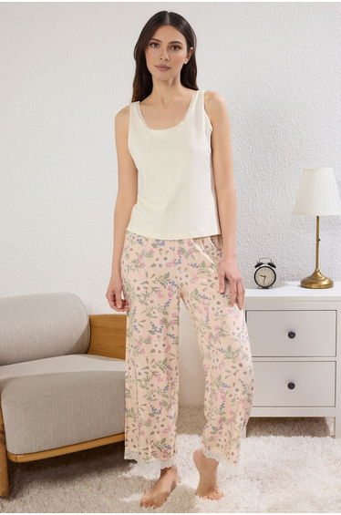 Ecru Floral Lace Detail Viscose Knitted Pajama Set