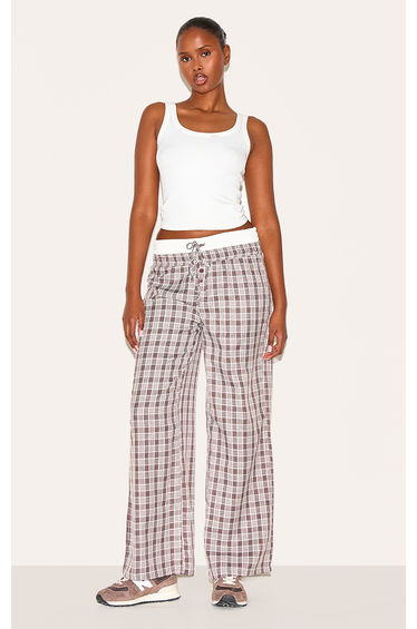 Brown Gingham Print Button Front Straight Leg Trousers