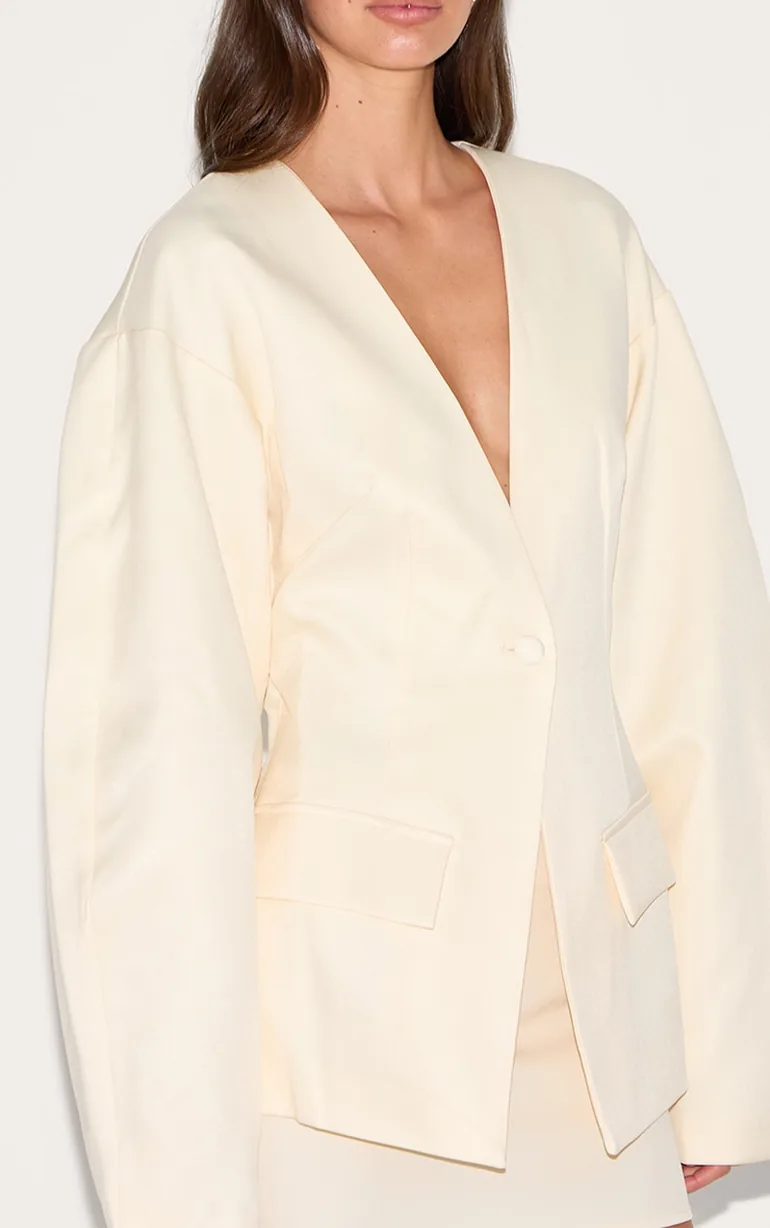 Ecru Cocoon Sleeve Cinched Waist Pocket Blazer - 3