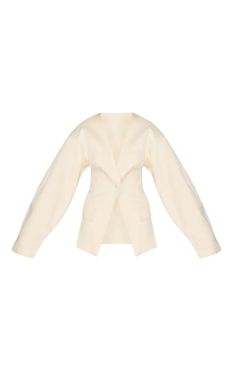 Ecru Cocoon Sleeve Cinched Waist Pocket Blazer - 4
