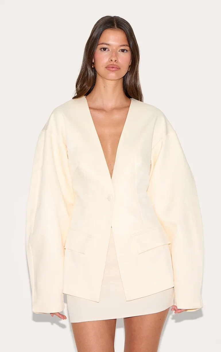 Ecru Cocoon Sleeve Cinched Waist Pocket Blazer