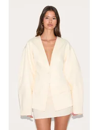 Ecru Cocoon Sleeve Cinched Waist Pocket Blazer
