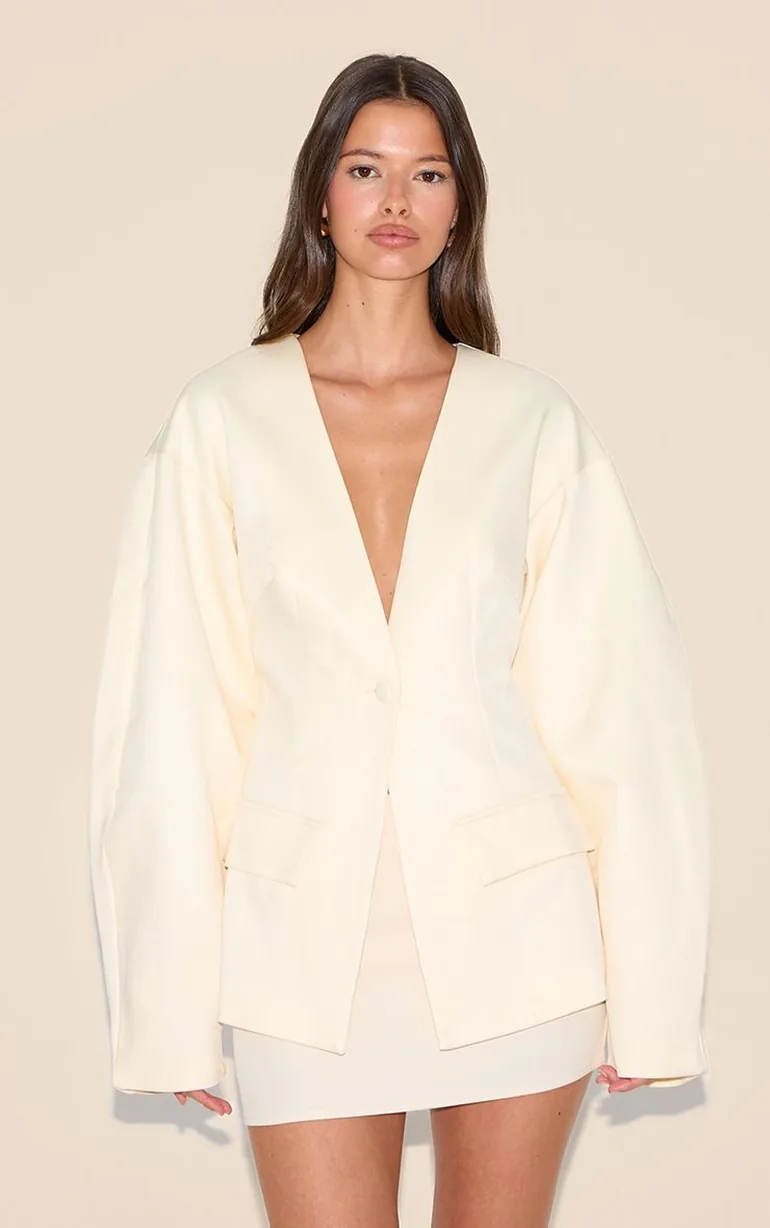 Ecru Cocoon Sleeve Cinched Waist Pocket Blazer - 5