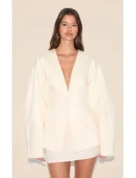 Ecru Cocoon Sleeve Cinched Waist Pocket Blazer - 5