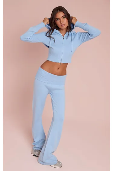 Light Blue Fold Over Waist Band Flared Knitted Trousers