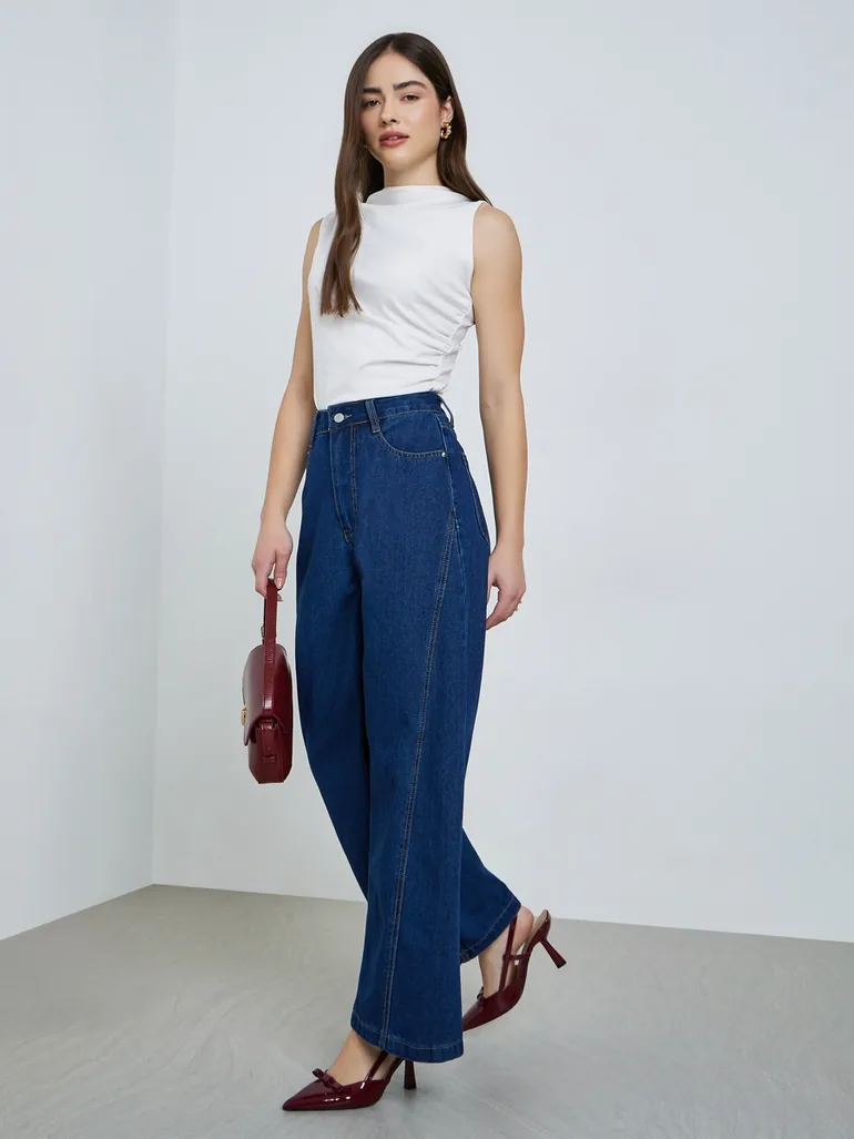 Women Wide Leg Cut and Sew Panel Jeans