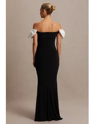 Didi | Black & White Bardot Bow Detail Maternity Maxi Dress - 1