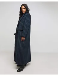 Navy Pinstripe Faux Wool Maxi Coat - 3