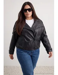 Black Oversize Fit Stand Collar Soft Faux Leather Plus Size Jacket Coat