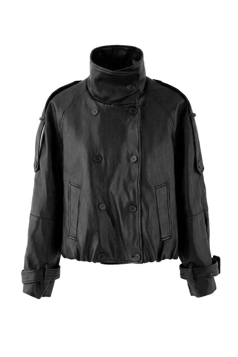 Black Oversize Fit Stand Collar Soft Faux Leather Plus Size Jacket Coat - 5