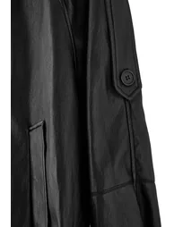 Black Oversize Fit Stand Collar Soft Faux Leather Plus Size Jacket Coat - 7