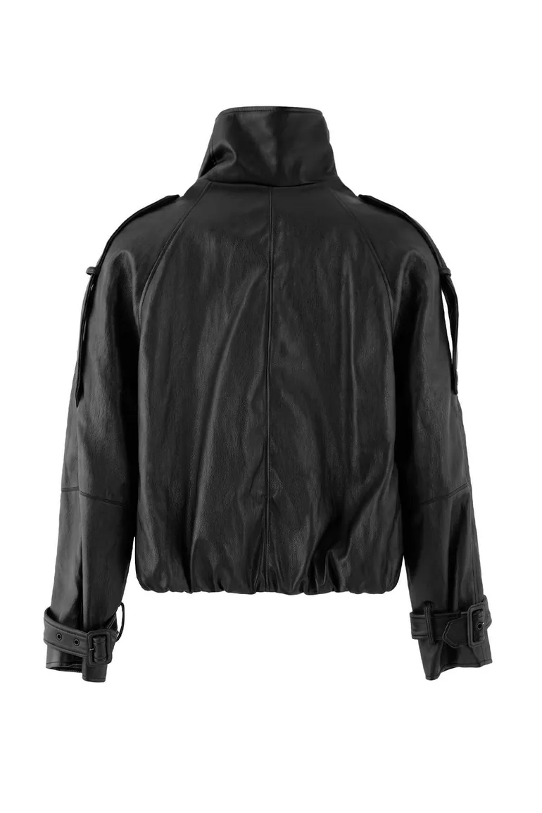 Black Oversize Fit Stand Collar Soft Faux Leather Plus Size Jacket Coat - 8