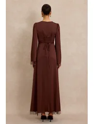 Satin Beaded Tassel Long Sleeve Maxi Dress - 1