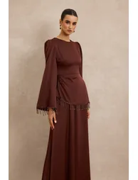 Satin Beaded Tassel Long Sleeve Maxi Dress - 3