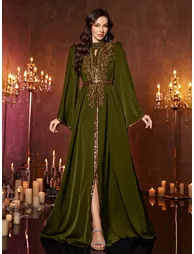 Olive Sequin Long Sleeves A-Line Maxi Dress - 5