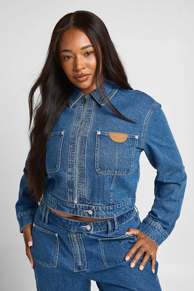 Plus Tab Detail Zip Front Denim Jacket - washed indigo