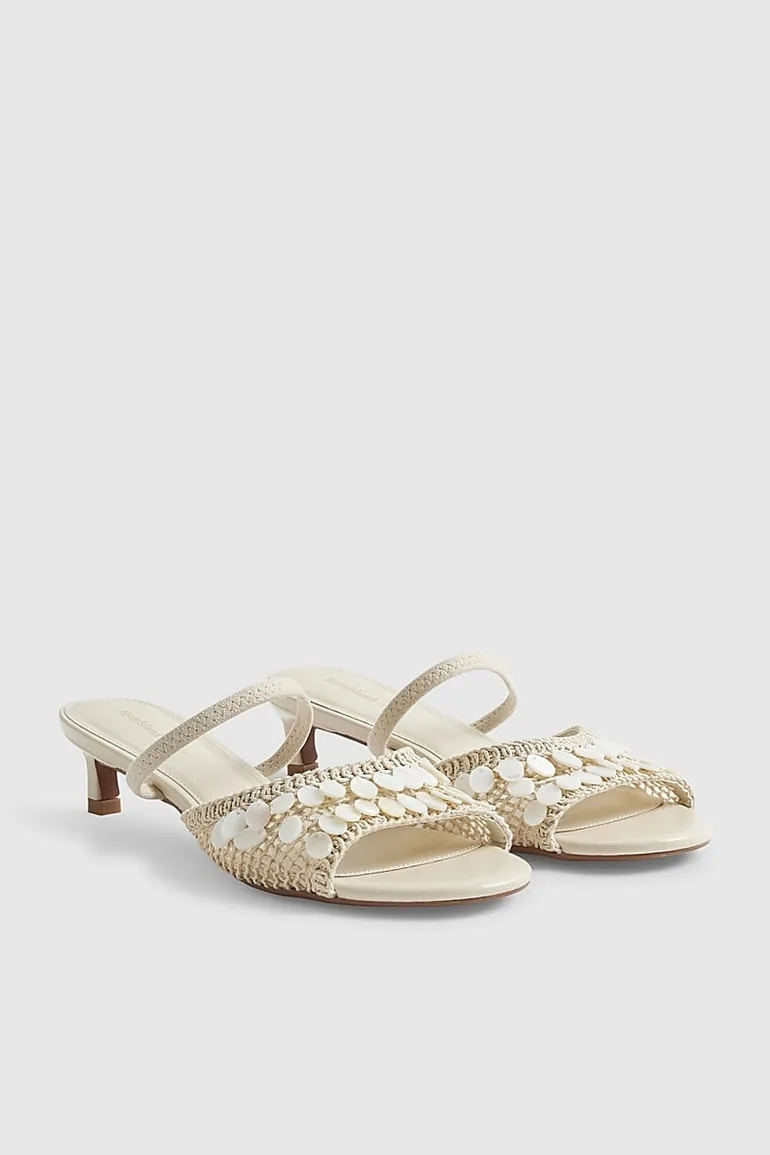 Cream Shell Crochet Low Heel Sandals - 1