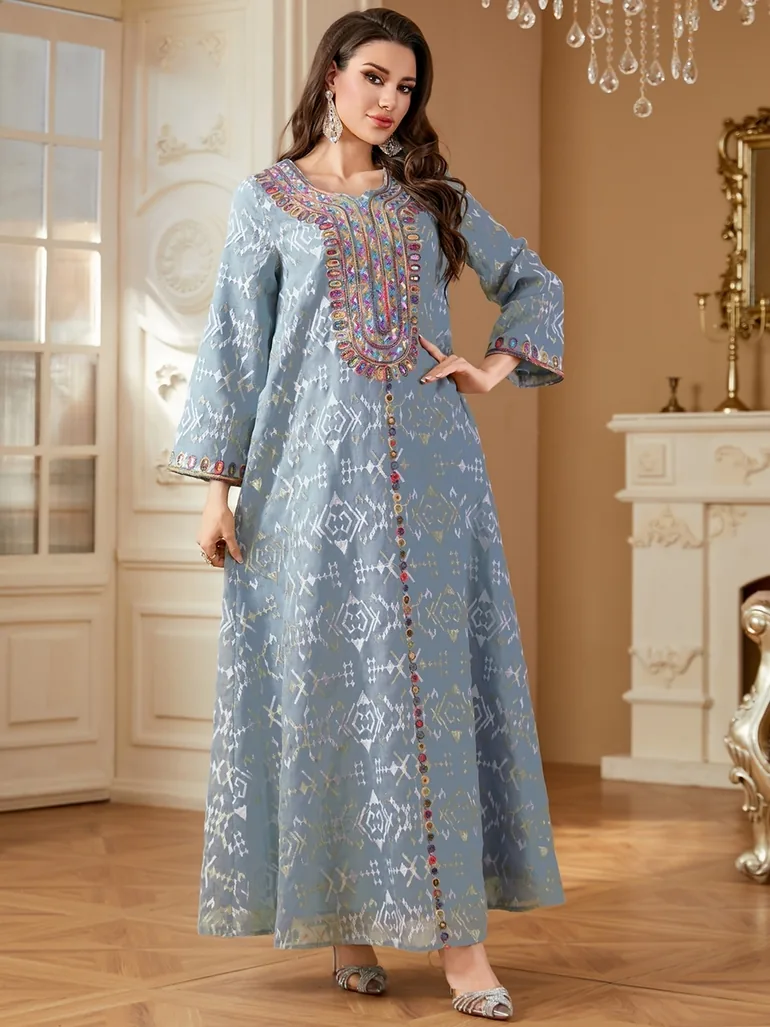 Women Textured Sequin Patch Detail Jalabiya - 1