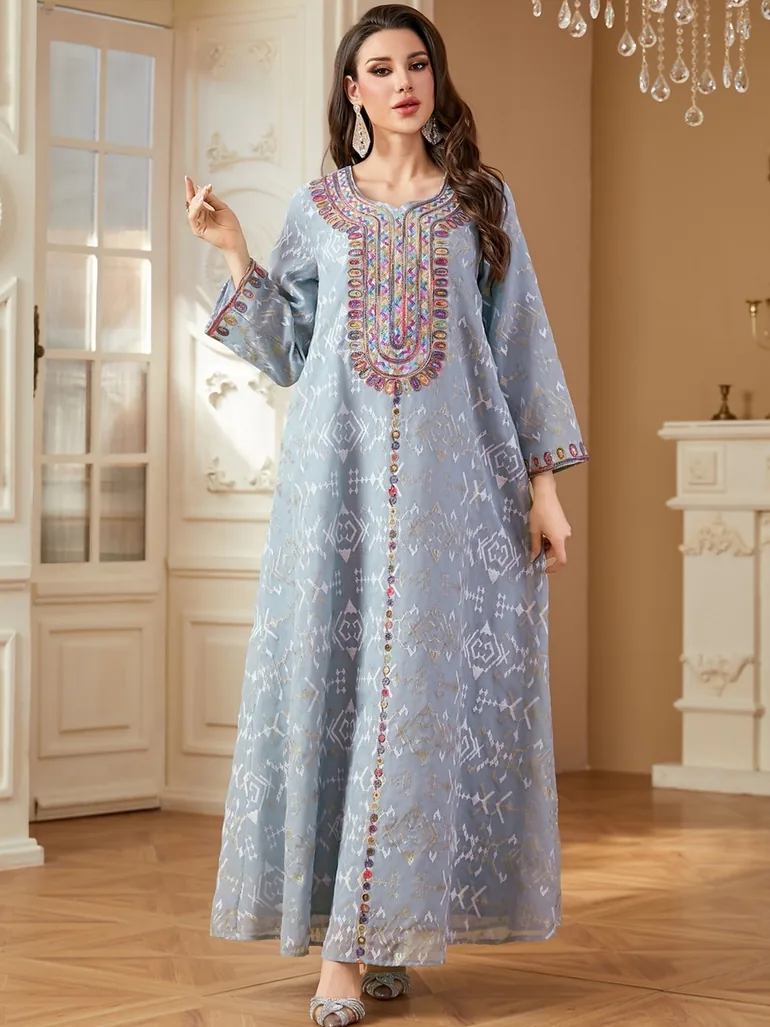 Women Textured Sequin Patch Detail Jalabiya - 5