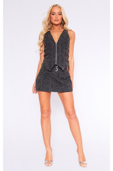 Black Washed Faux Leather Zip Front Strap Detail Corset product thumbnail 3