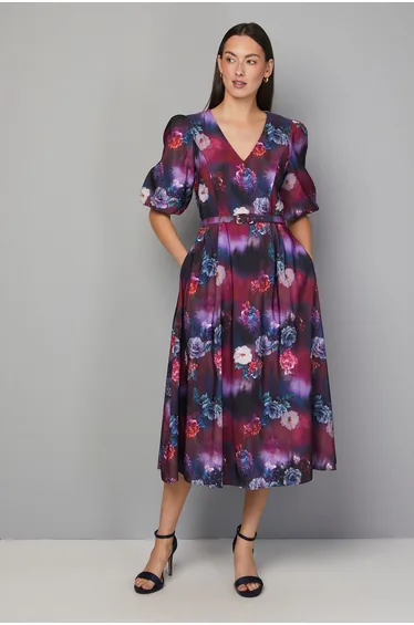 Floral Twill Belted Midi Dress