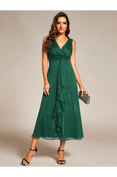 ever MEI|Glitter Sleeveless A-Line Midi Wedding Guest Dress with Ruffled Hem