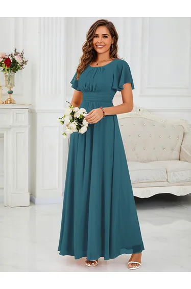 Short-Sleeve Ruffle Pleated A-Line Floor-Length Bridesmaid Dress