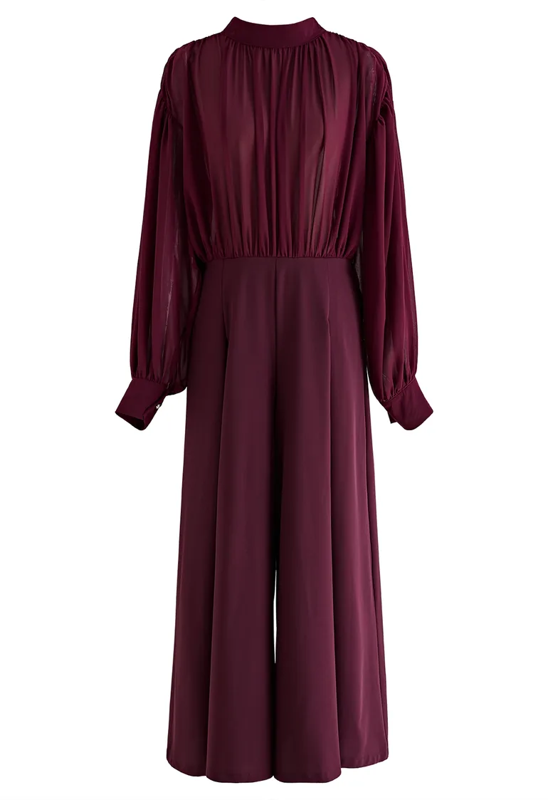 Sheer Spliced Wide-Leg Cropped Jumpsuit in Burgundy - 3