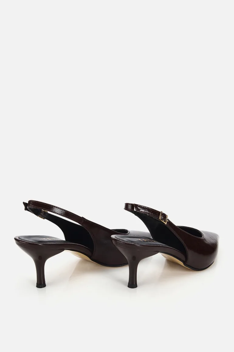 Women's Brown Pointed Toe Wrinkled Patent Leather Open Back Mid Heel Shoes - 2