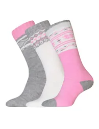 Womens/Ladies Fair Isle Boot Socks (Pack Of 3) - White/Grey/Pink