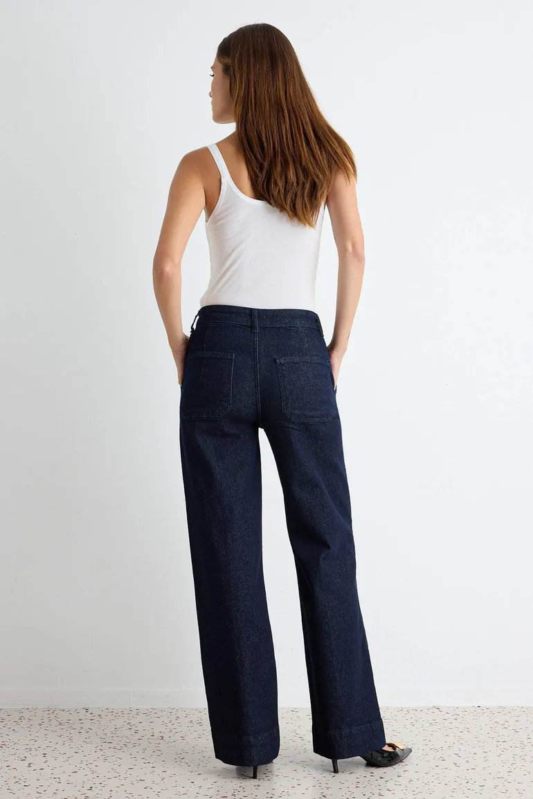 Dark Blue Medium Stretch Waistband Accessory Detailed Regular Waist Wide Leg Jeans - 3
